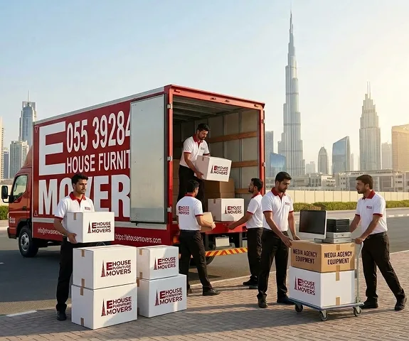 E House Movers crew handling flight cases during a media agency office relocation in Dubai