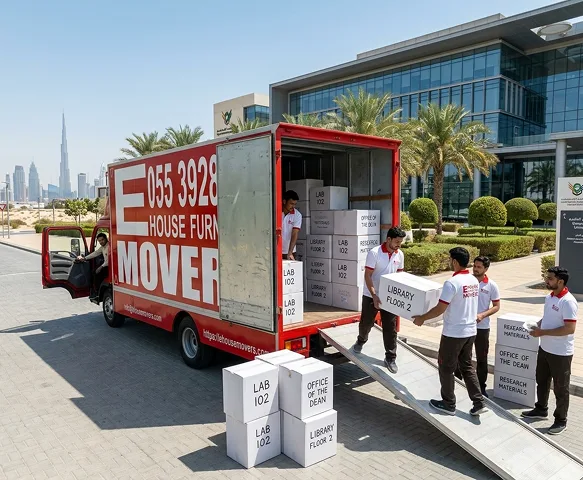 A crate labelled with its destination room code during a Dubai school relocation