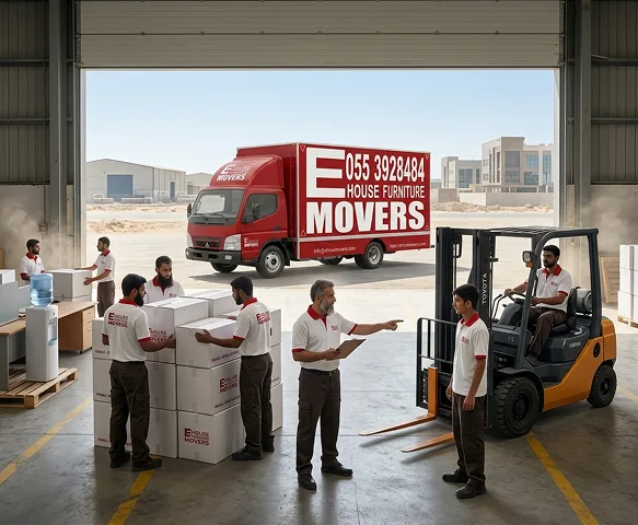 Moving crew in hi-vis vests and safety shoes working on a live Dubai warehouse floor