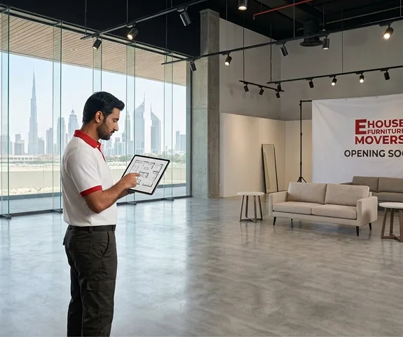 E House Movers crew placing display fixtures during a showroom relocation in Dubai