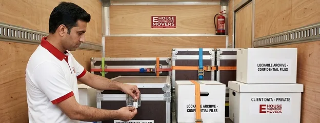 Filing cabinets and archive boxes being packed into lockable crates