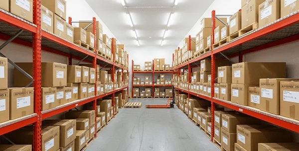 Business storage unit with stacked inventory and archive boxes