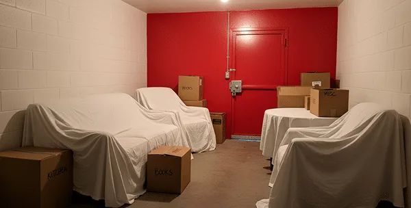 Climate-controlled unit holding wrapped furniture