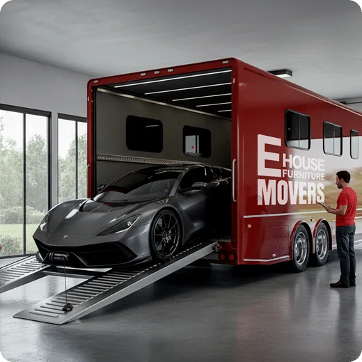 Vehicle transport crew loading a car for shipping in Dubai