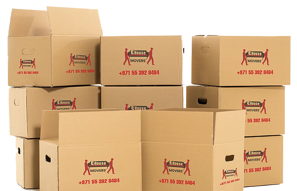 E House Movers packing boxes ready for a move in Al Quoz