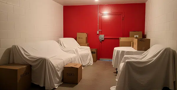 Climate-controlled unit holding wrapped wooden furniture