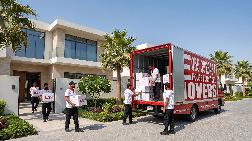 E House Movers truck on the inter-emirate route between Ajman and Dubai