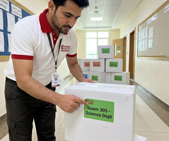 E House Movers crew setting up a classroom during a school relocation in Dubai