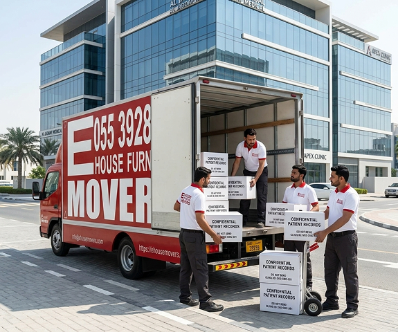 E House Movers crew setting up a treatment room during a clinic relocation in Dubai