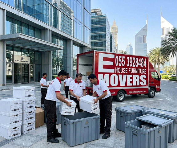 E House Movers crew sealing a numbered crate of client files at a Dubai law firm