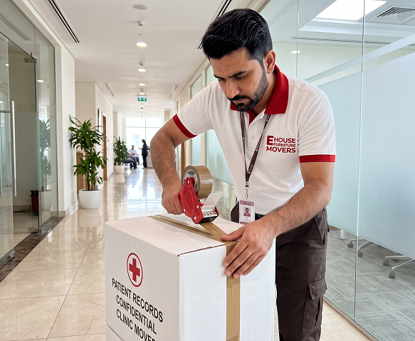 Lockable patient record crates closed with numbered tamper-evident seals at a Dubai clinic